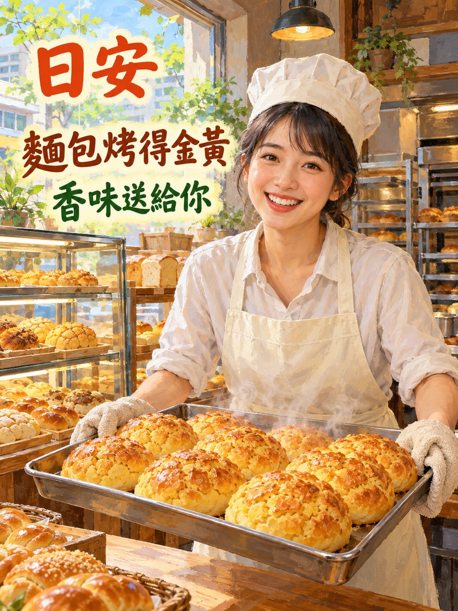 麵包剛出爐。圖中文字：日安，麵包烤得金黃，香味送給你