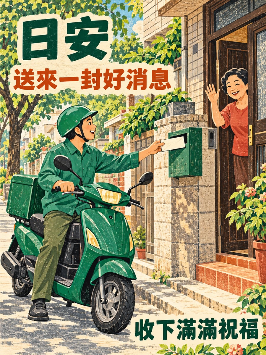 送信的郵差。圖中文字：日安，送來一封好消息，收下滿滿祝福