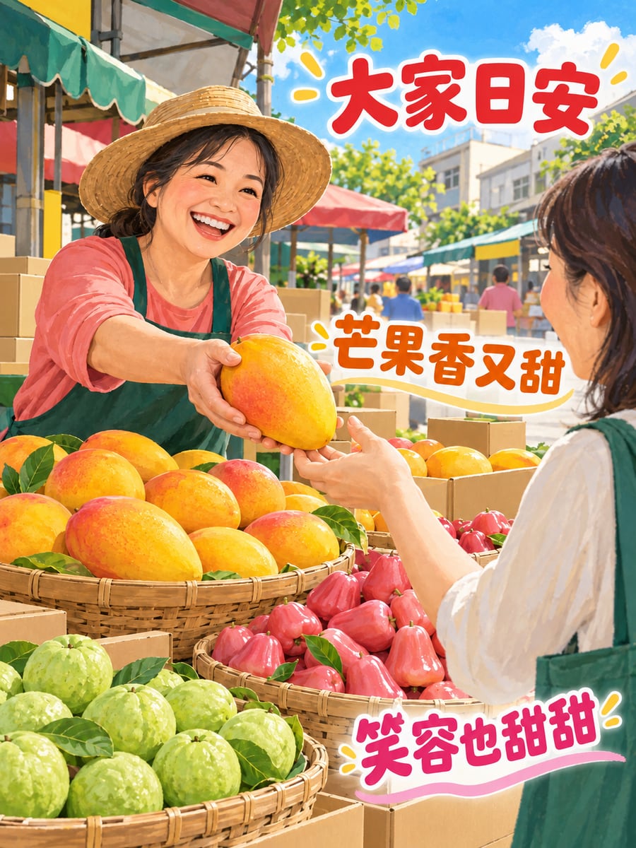 水果攤的芒果。圖中文字：大家日安，芒果香又甜，笑容也甜甜