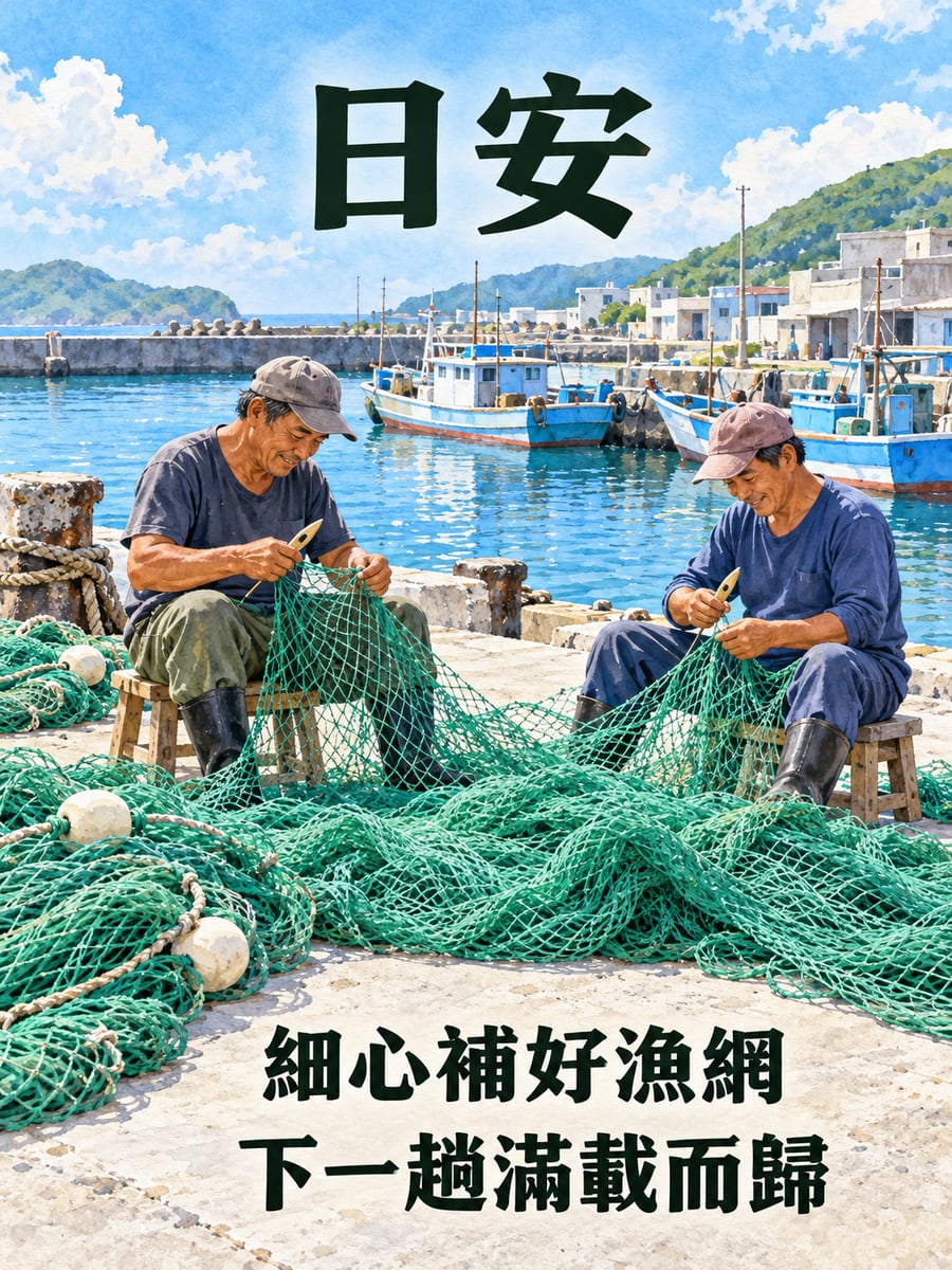 補漁網的漁民。圖中文字：日安，細心補好漁網，下一趟滿載而歸