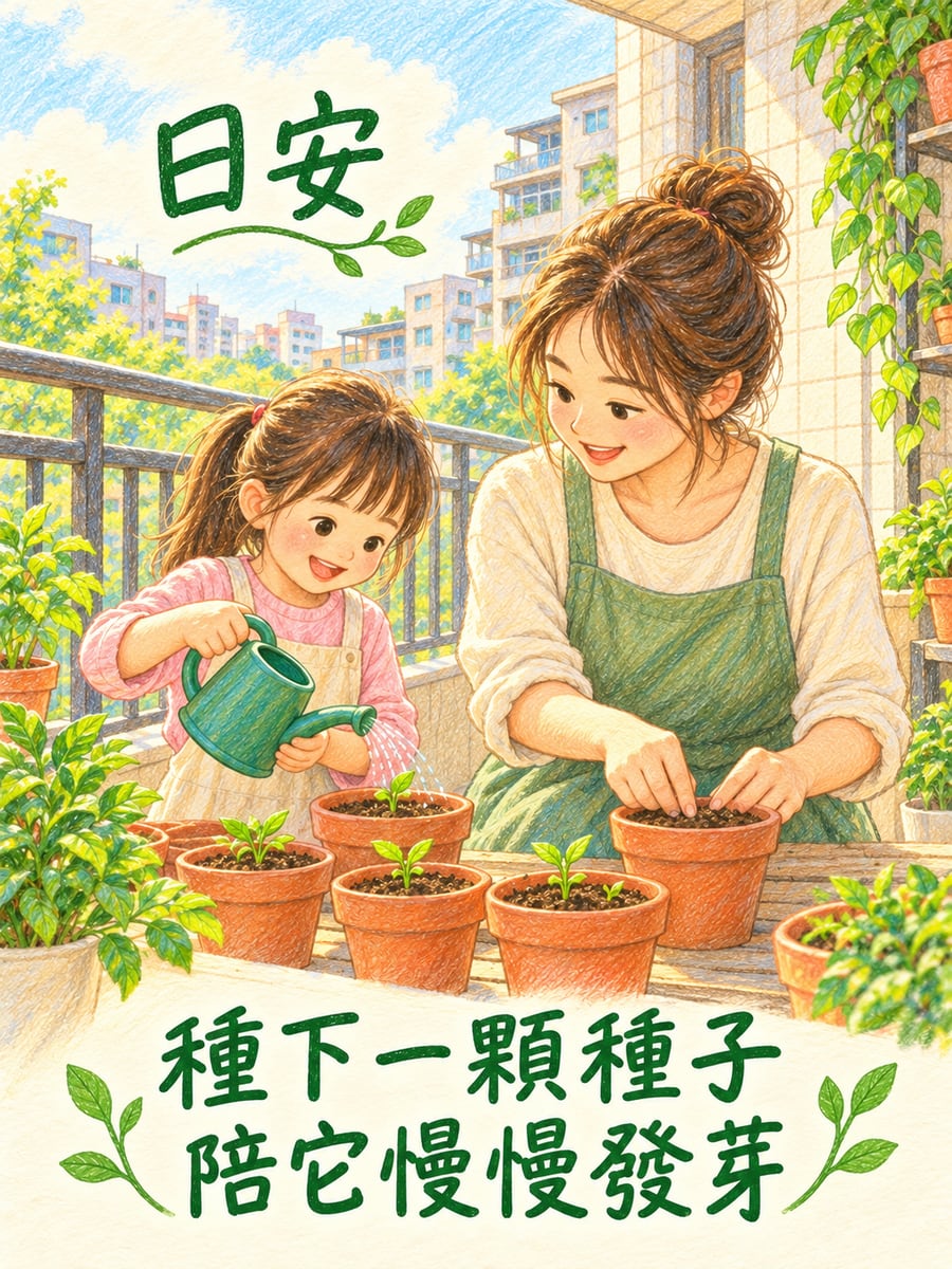 親子種下種子。圖中文字：日安，種下一顆種子，陪它慢慢發芽