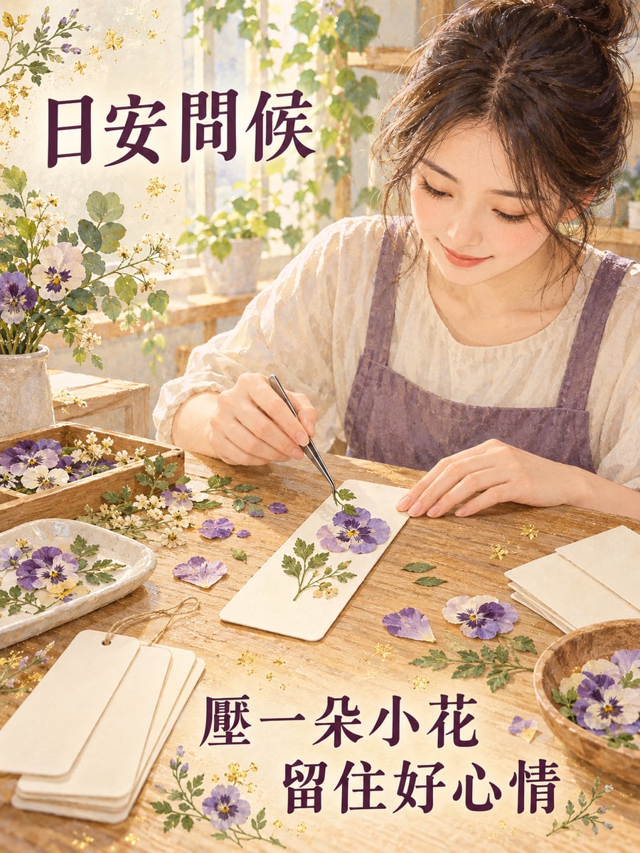 押花書籤。圖中文字：日安問候，壓一朵小花，留住好心情