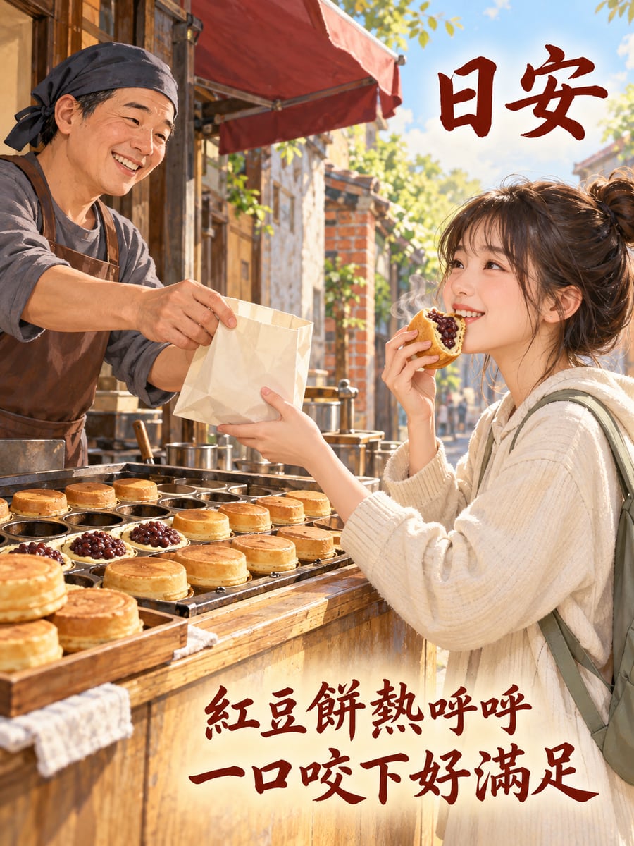 紅豆餅攤。圖中文字：日安，紅豆餅熱呼呼，一口咬下好滿足