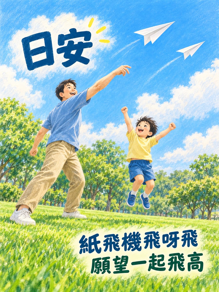 射紙飛機。圖中文字：日安，紙飛機飛呀飛，願望一起飛高