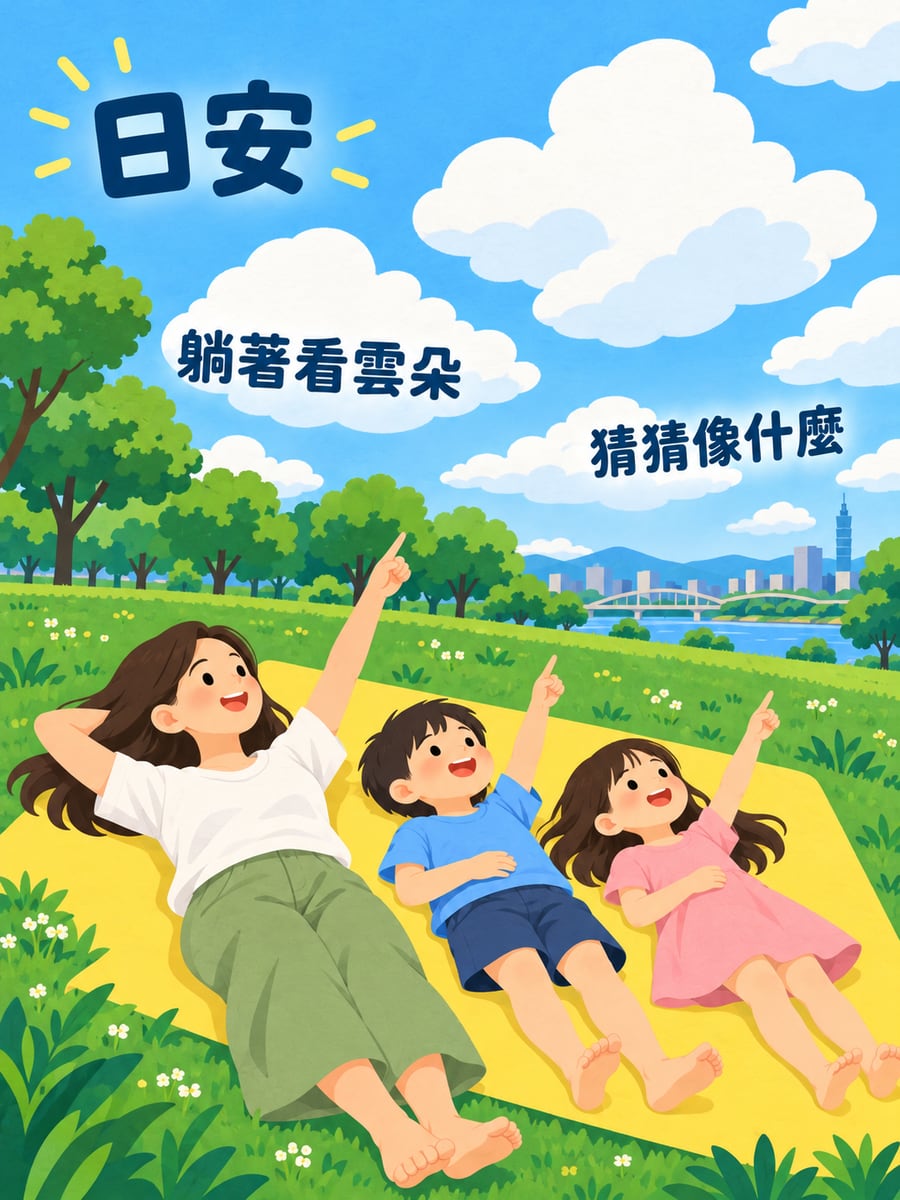 躺著看雲。圖中文字：日安，躺著看雲朵，猜猜像什麼