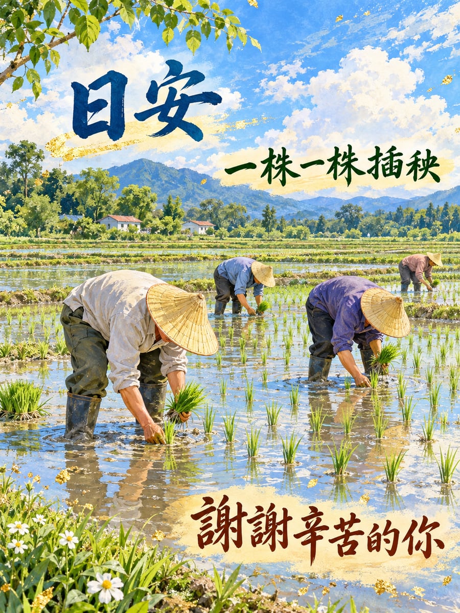插秧的農夫。圖中文字：日安，一株一株插秧，謝謝辛苦的你