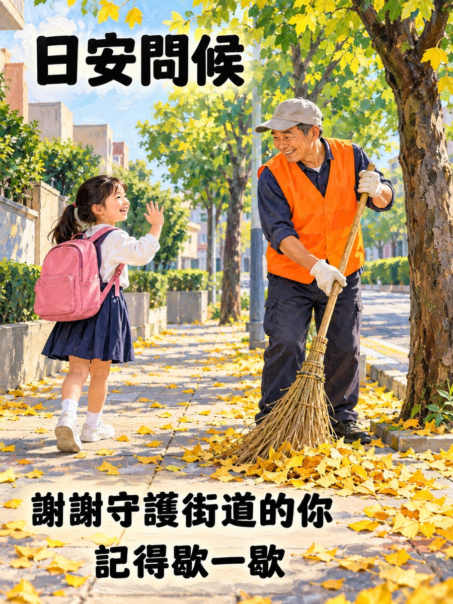 清潔隊員掃落葉。圖中文字：日安問候，謝謝守護街道的你，記得歇一歇