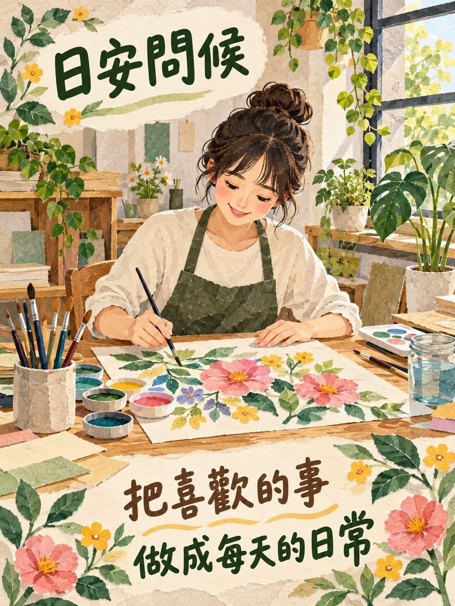 插畫家的工作室。圖中文字：日安問候，把喜歡的事，做成每天的日常
