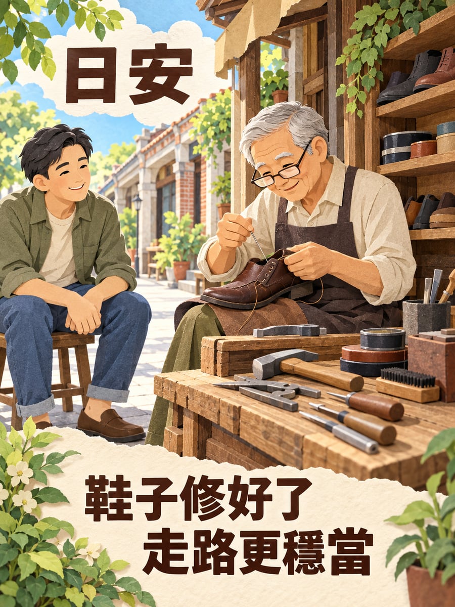 修鞋老師傅。圖中文字：日安，鞋子修好了，走路更穩當