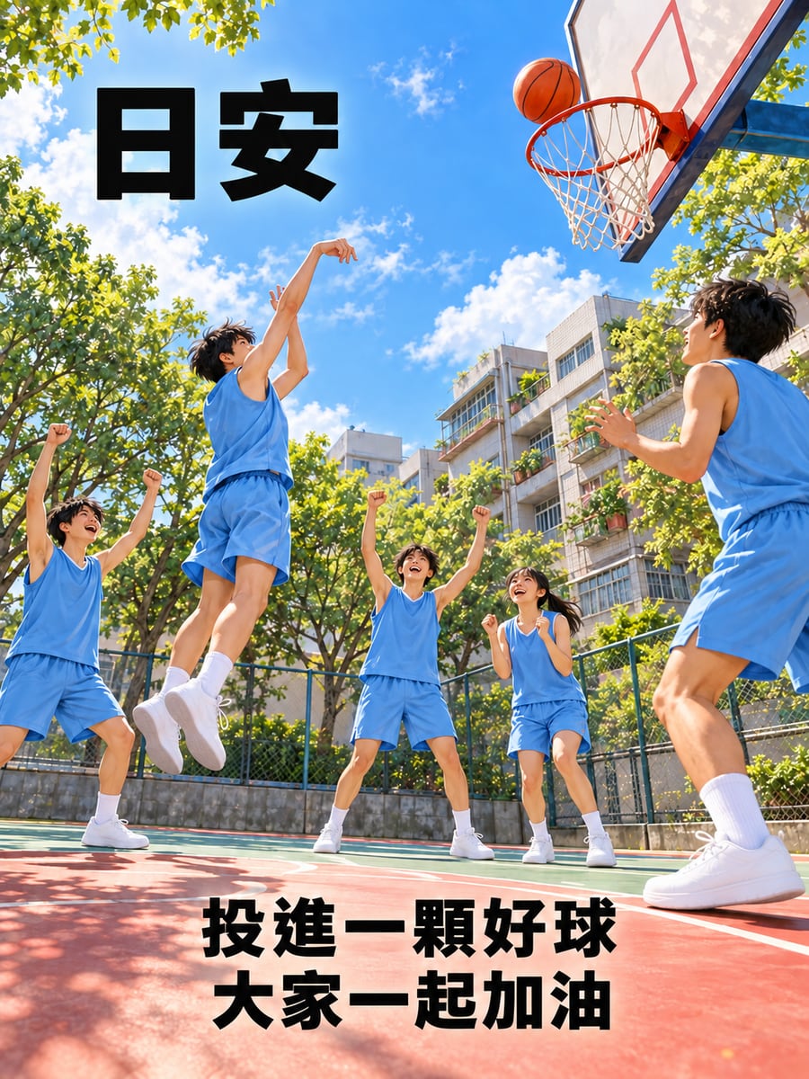 籃球場投籃。圖中文字：日安，投進一顆好球，大家一起加油