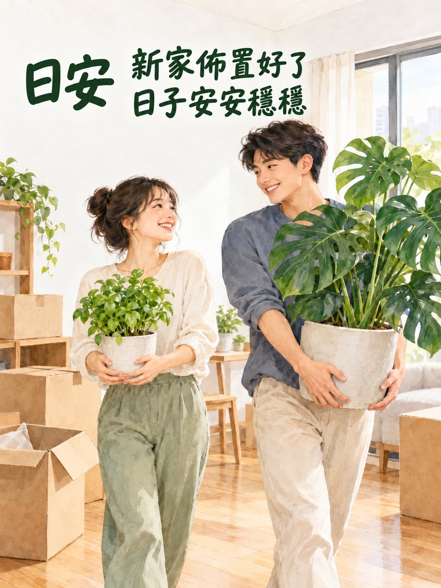 新家擺上綠植。圖中文字：日安，新家佈置好了，日子安安穩穩