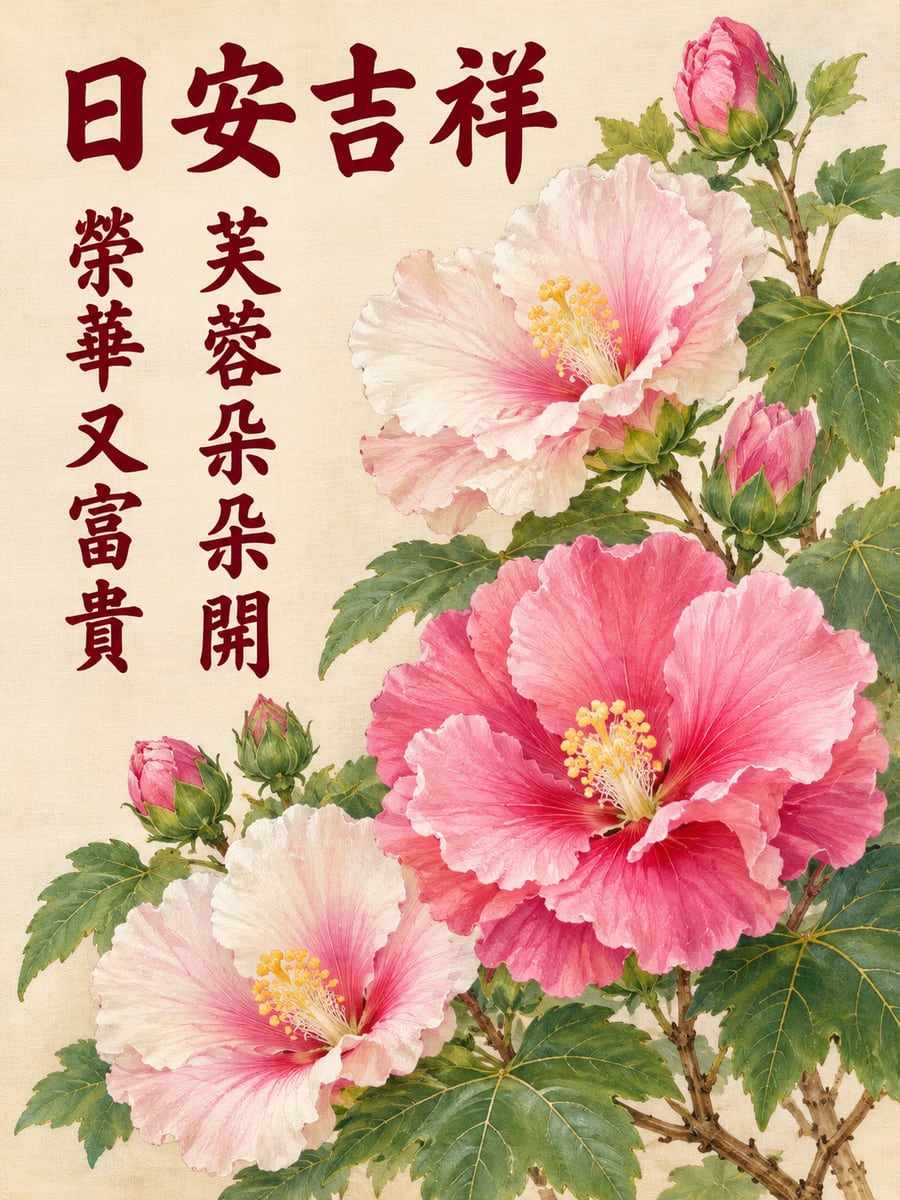 富貴芙蓉。圖中文字：日安吉祥，芙蓉朵朵開，榮華又富貴