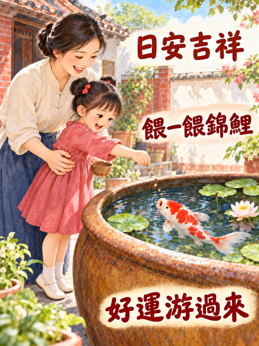 小女孩餵錦鯉。圖中文字：日安吉祥，餵一餵錦鯉，好運游過來