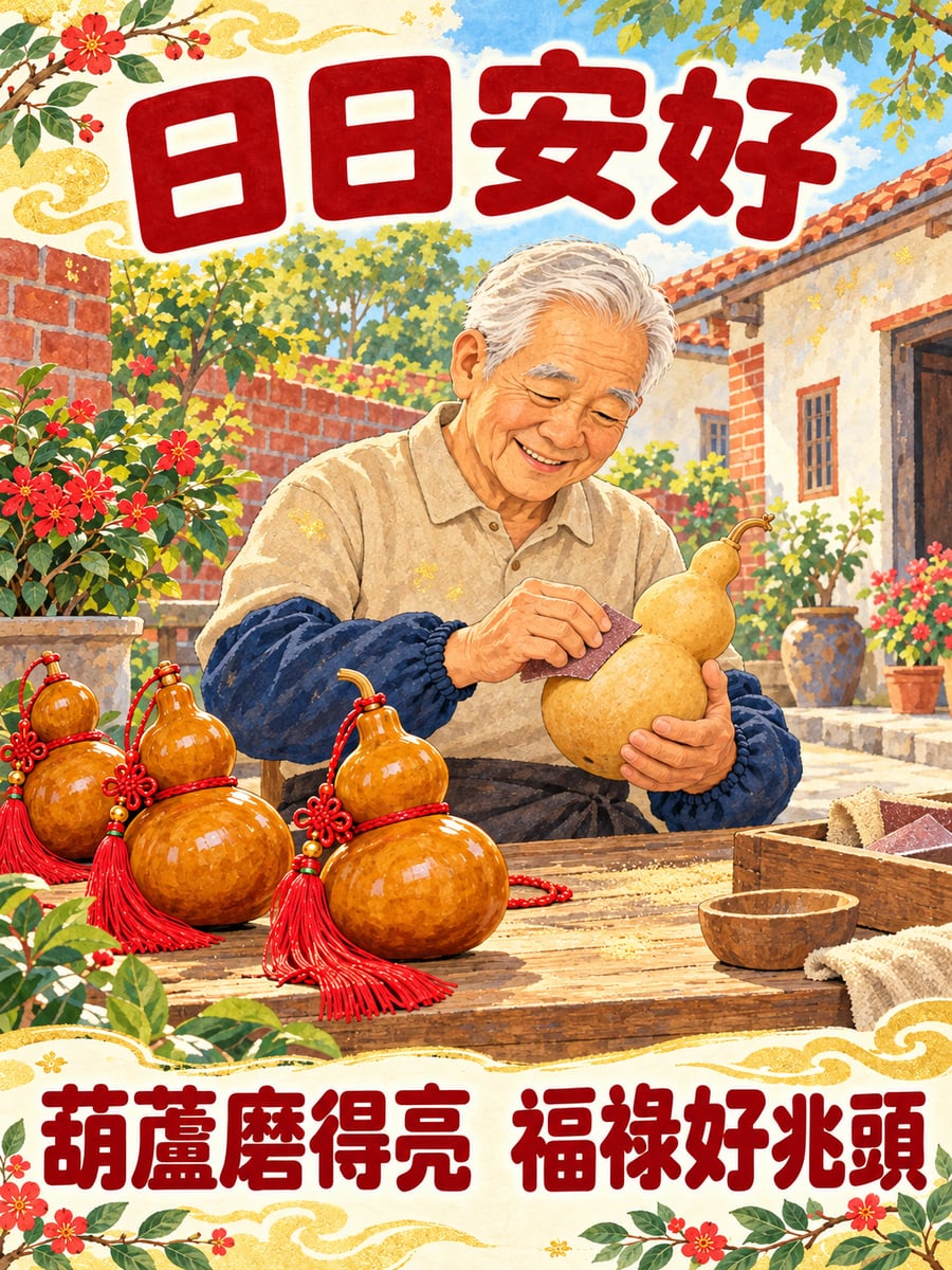 阿公打磨葫蘆。圖中文字：日日安好，葫蘆磨得亮，福祿好兆頭