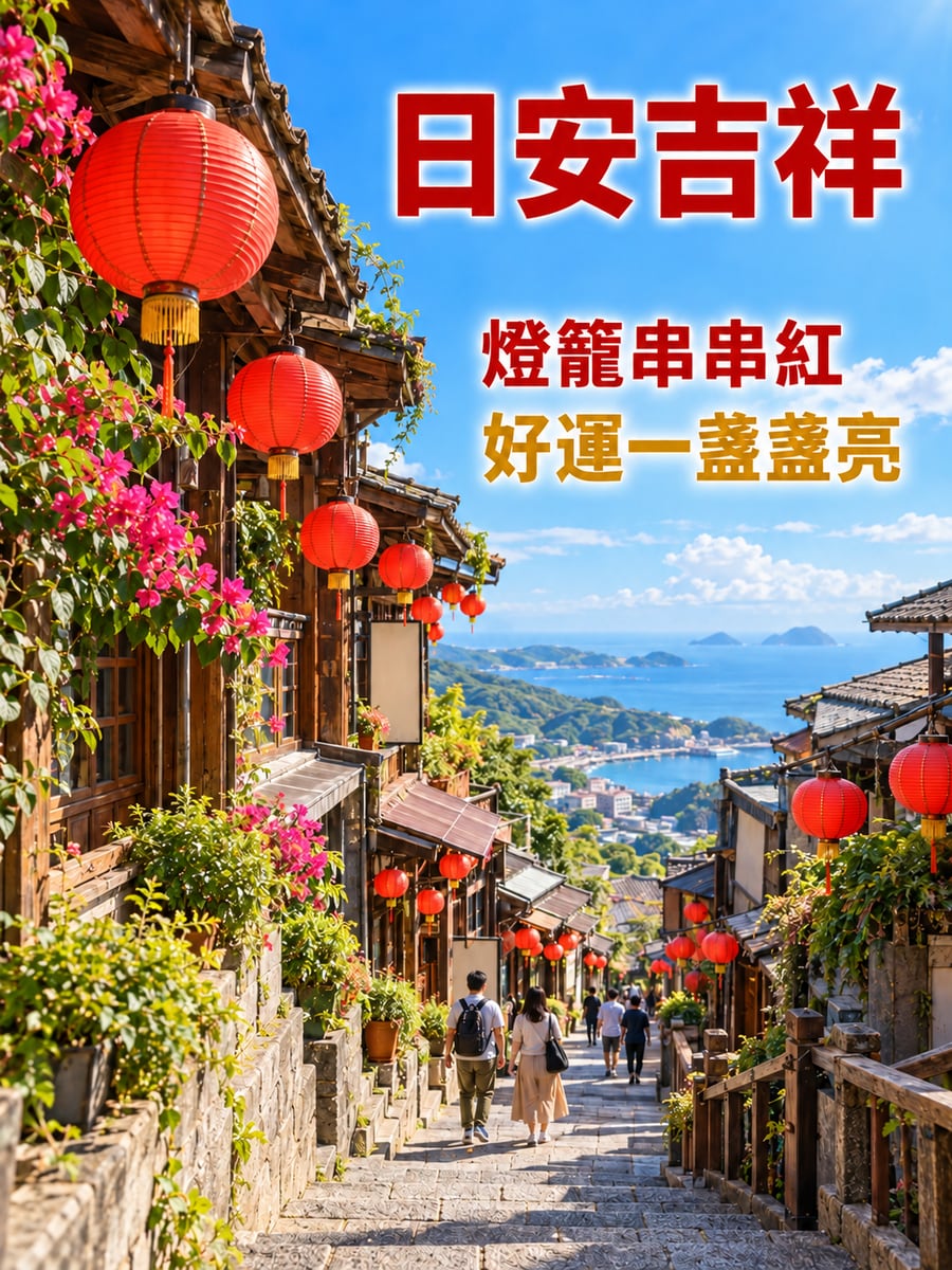 九份老街紅燈籠。圖中文字：日安吉祥，燈籠串串紅，好運一盞盞亮