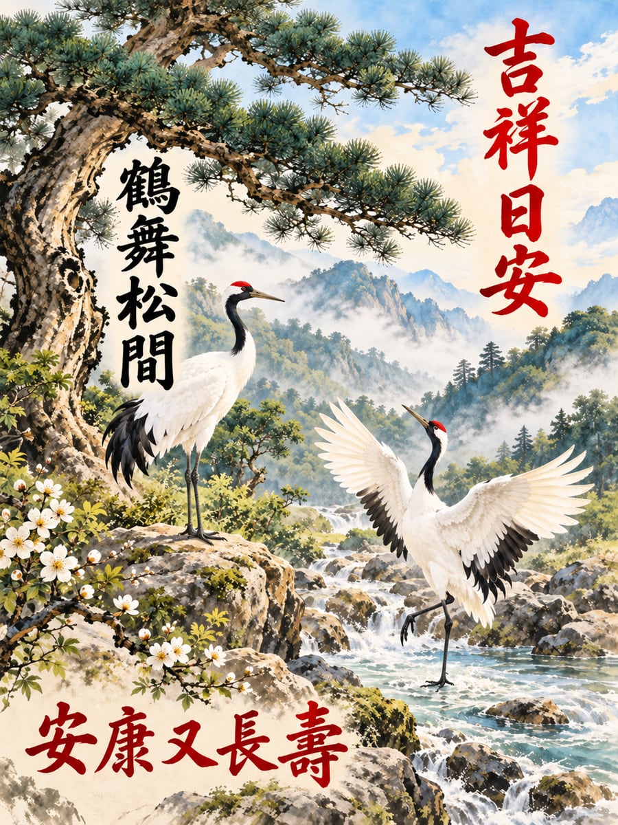 松間雙鶴。圖中文字：吉祥日安，鶴舞松間，安康又長壽