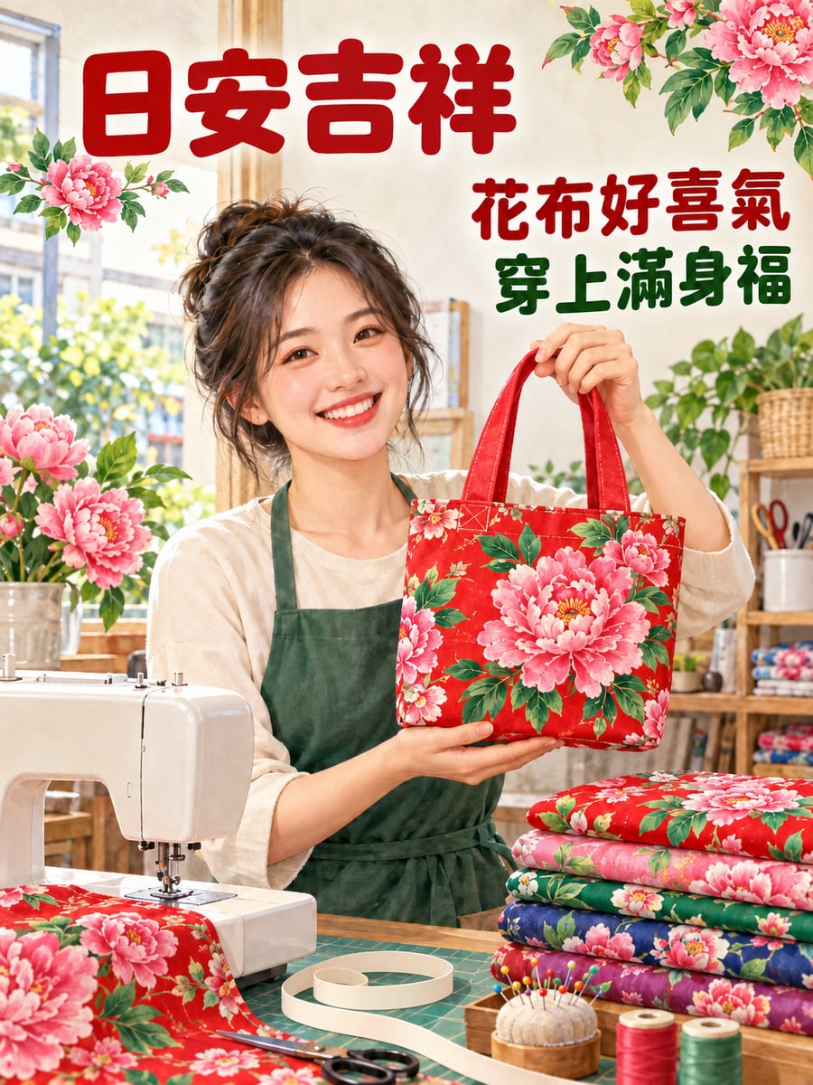 台灣花布小包。圖中文字：日安吉祥，花布好喜氣，穿上滿身福