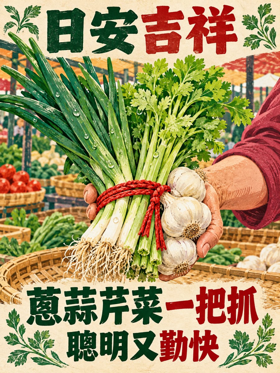 蔥蒜芹菜。圖中文字：日安吉祥，蔥蒜芹菜一把抓，聰明又勤快
