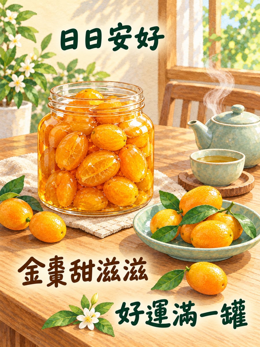 一罐金棗。圖中文字：日日安好，金棗甜滋滋，好運滿一罐