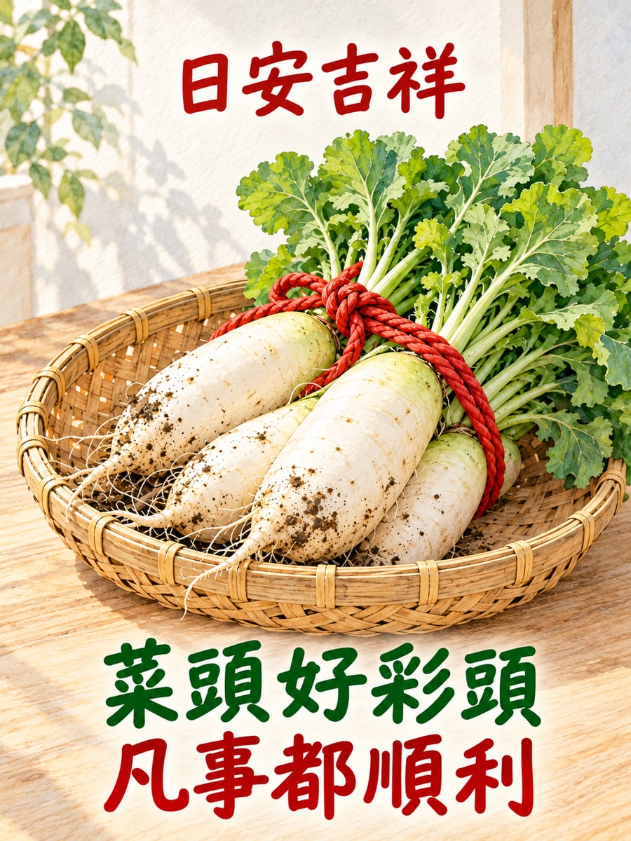 好彩頭白蘿蔔。圖中文字：日安吉祥，菜頭好彩頭，凡事都順利