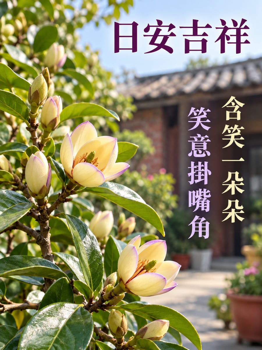 含笑花。圖中文字：日安吉祥，含笑一朵朵，笑意掛嘴角