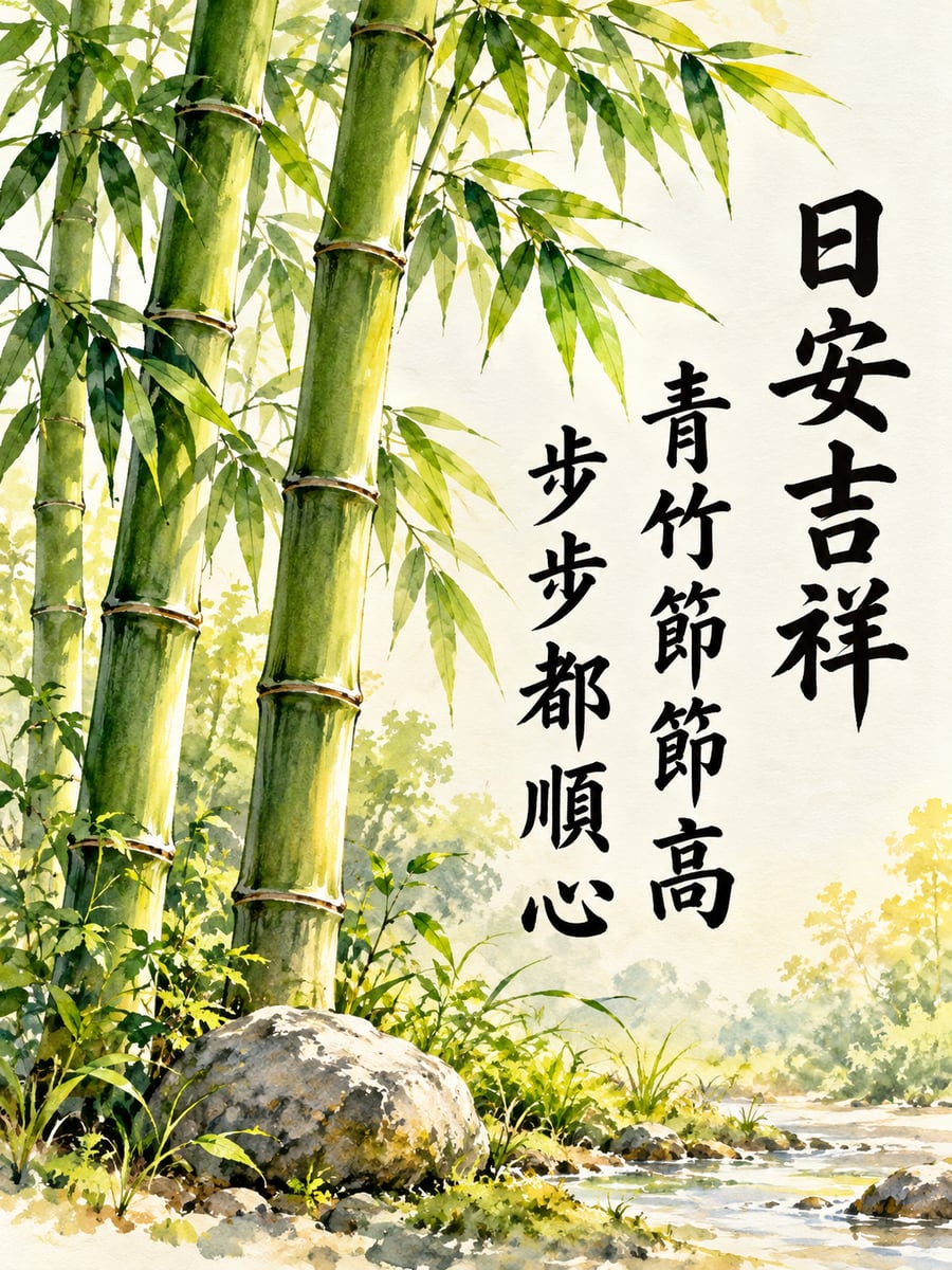 青竹節節高。圖中文字：日安吉祥，青竹節節高，步步都順心