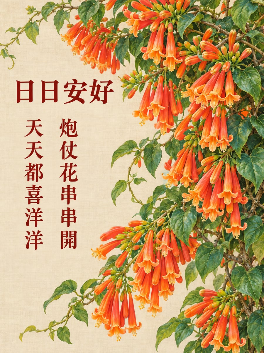 炮仗花。圖中文字：日日安好，炮仗花串串開，天天都喜洋洋
