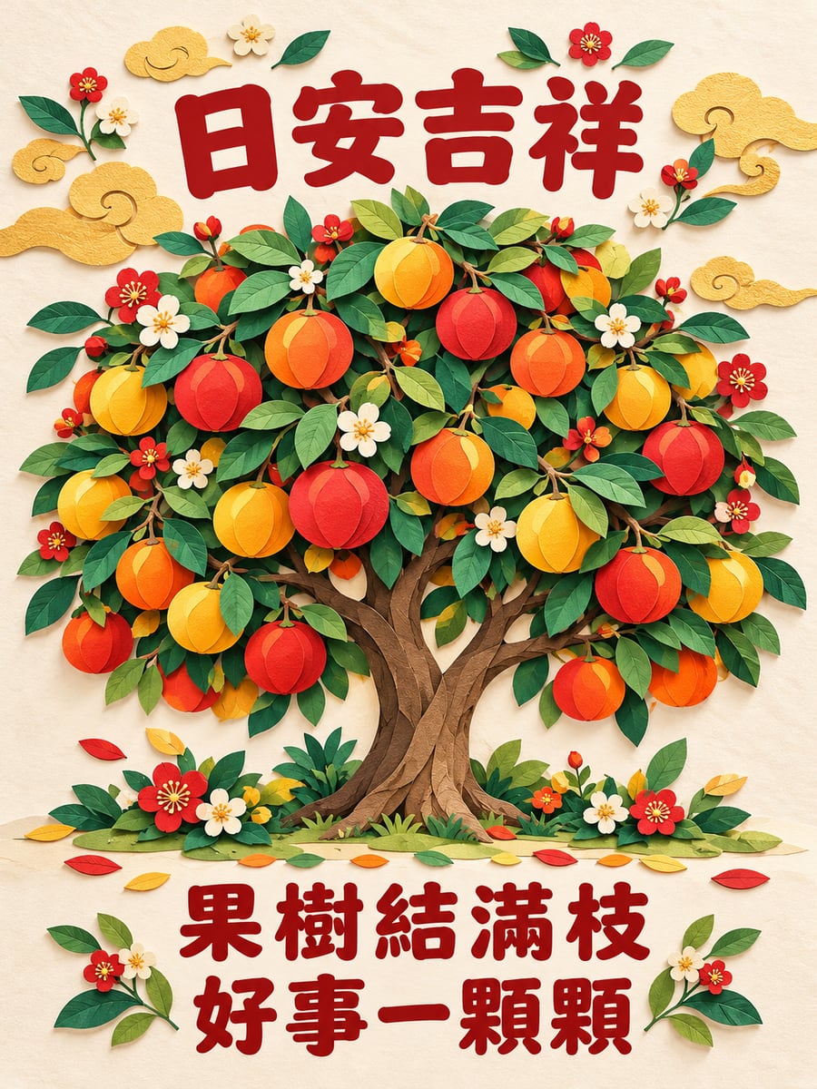 剪紙吉祥果樹。圖中文字：日安吉祥，果樹結滿枝，好事一顆顆