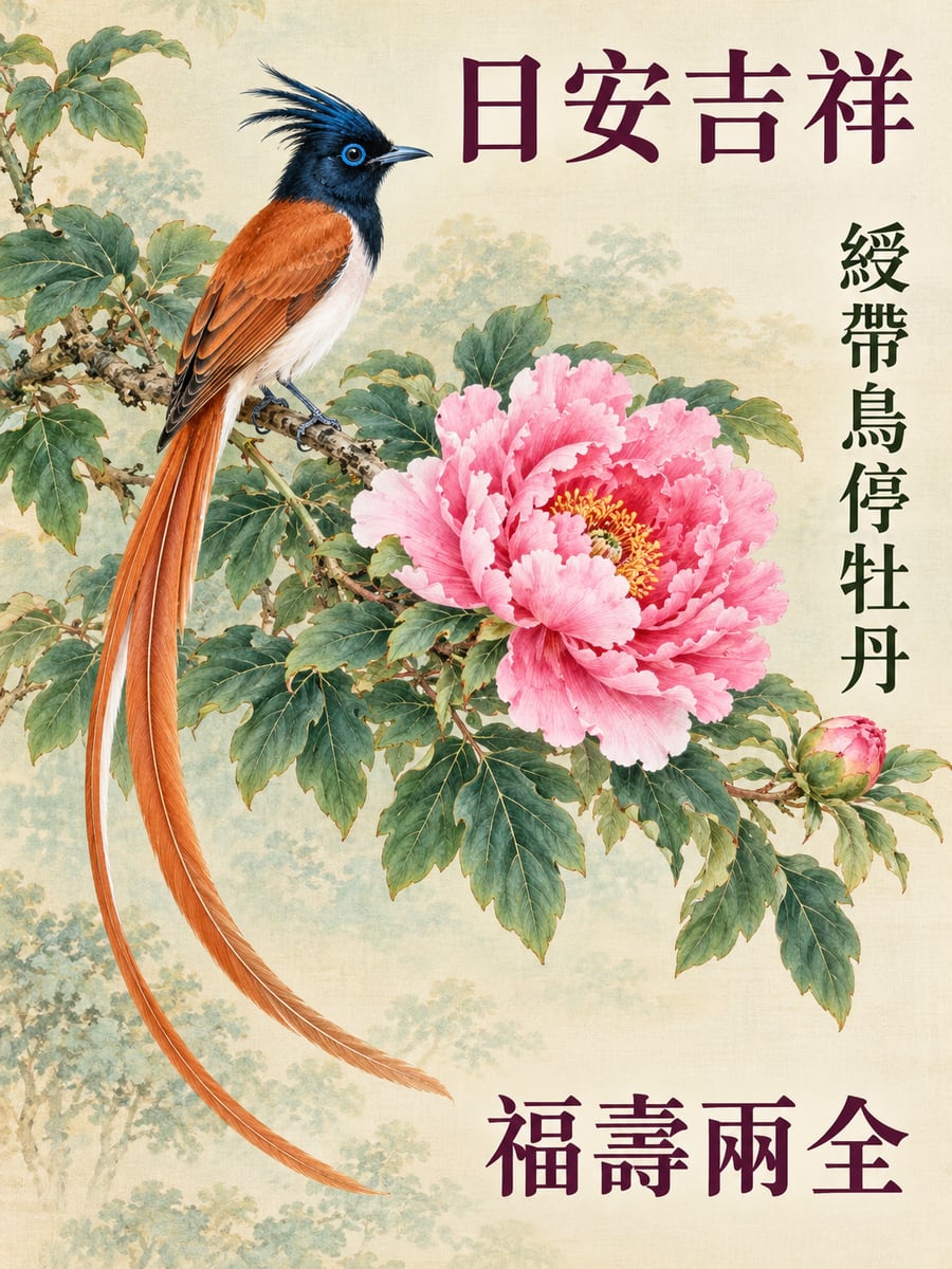 綬帶鳥與牡丹。圖中文字：日安吉祥，綬帶鳥停牡丹，福壽兩全