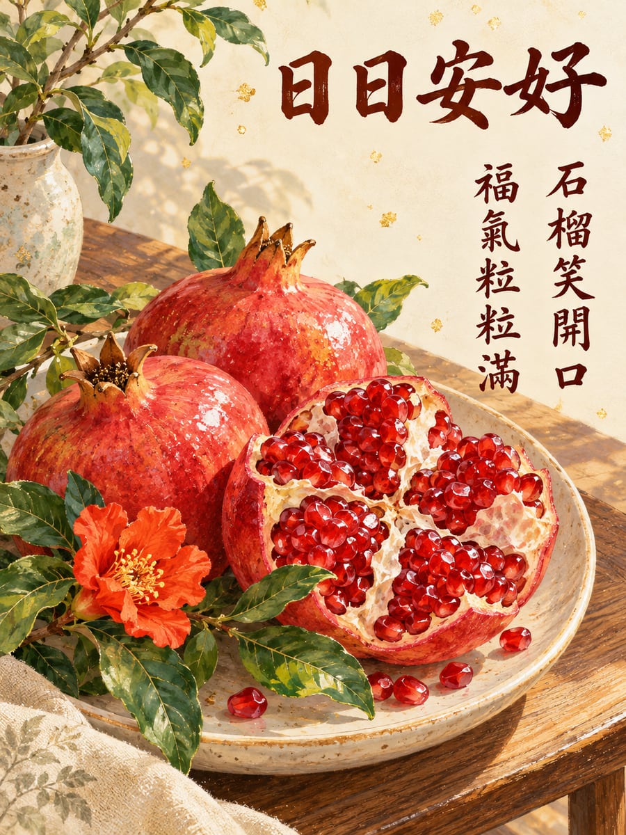 石榴開口笑。圖中文字：日日安好，石榴笑開口，福氣粒粒滿
