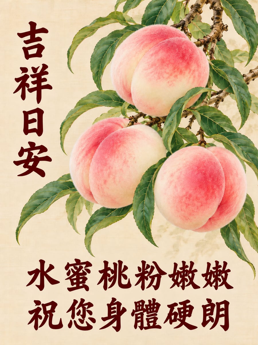 粉嫩水蜜桃。圖中文字：吉祥日安，水蜜桃粉嫩嫩，祝您身體硬朗