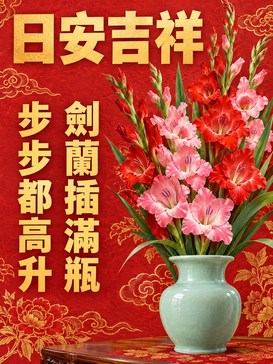 劍蘭插滿瓶。圖中文字：日安吉祥，劍蘭插滿瓶，步步都高升