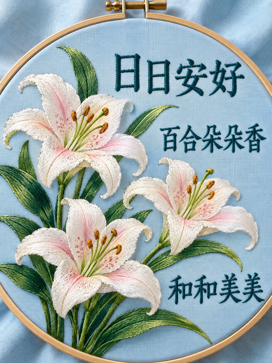 百合刺繡。圖中文字：日日安好，百合朵朵香，和和美美