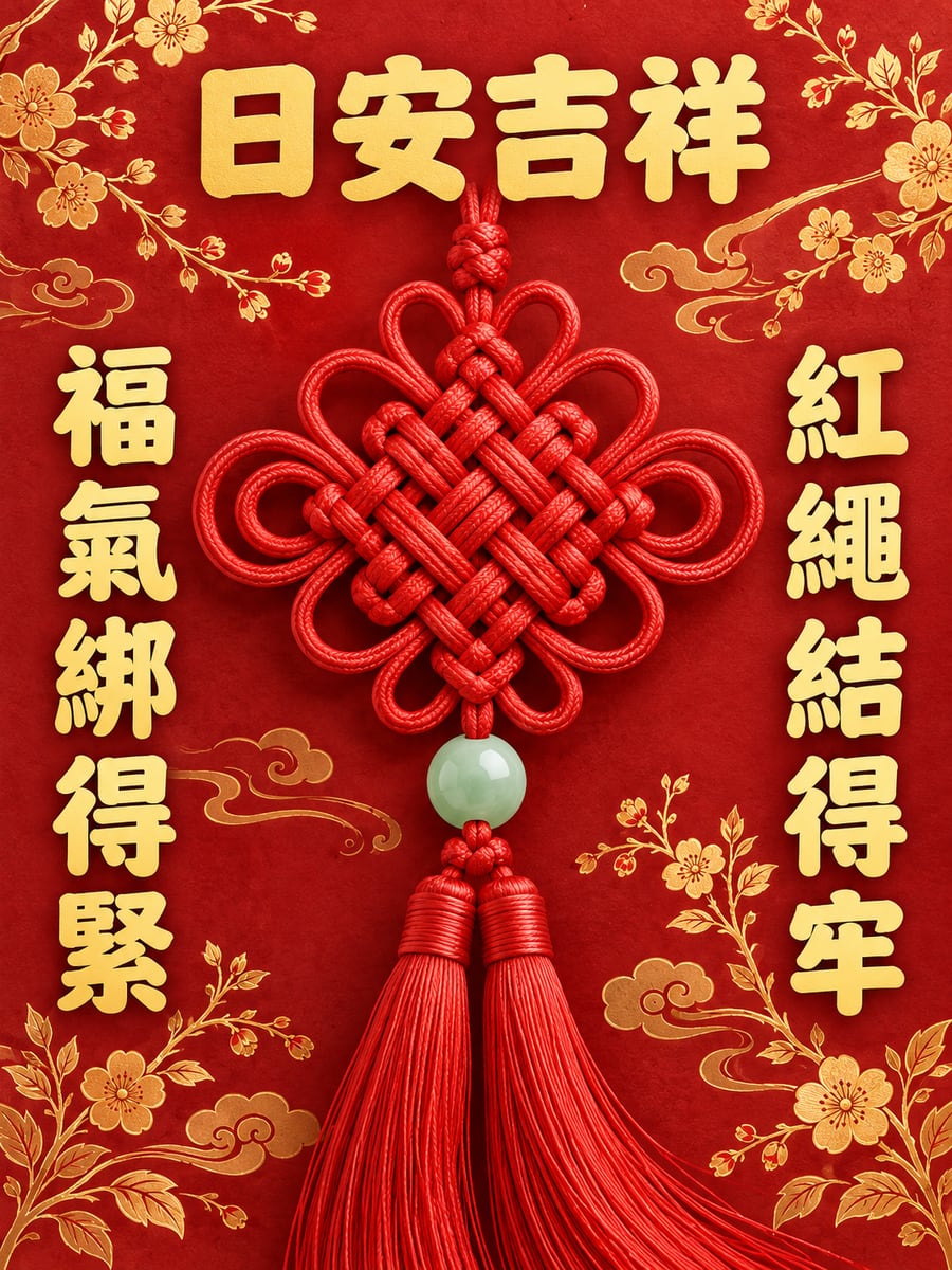 紅繩吉祥結。圖中文字：日安吉祥，紅繩結得牢，福氣綁得緊