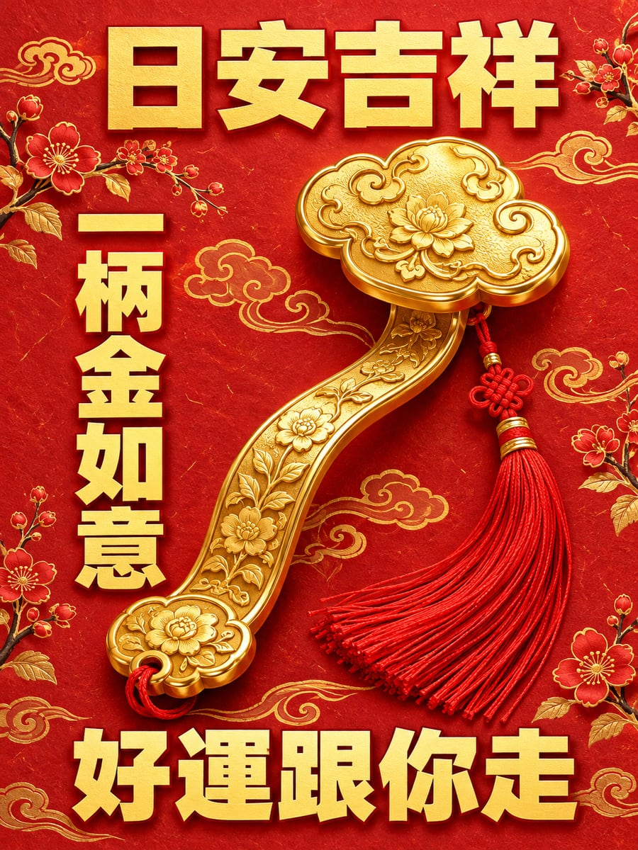 一柄金如意。圖中文字：日安吉祥，一柄金如意，好運跟你走