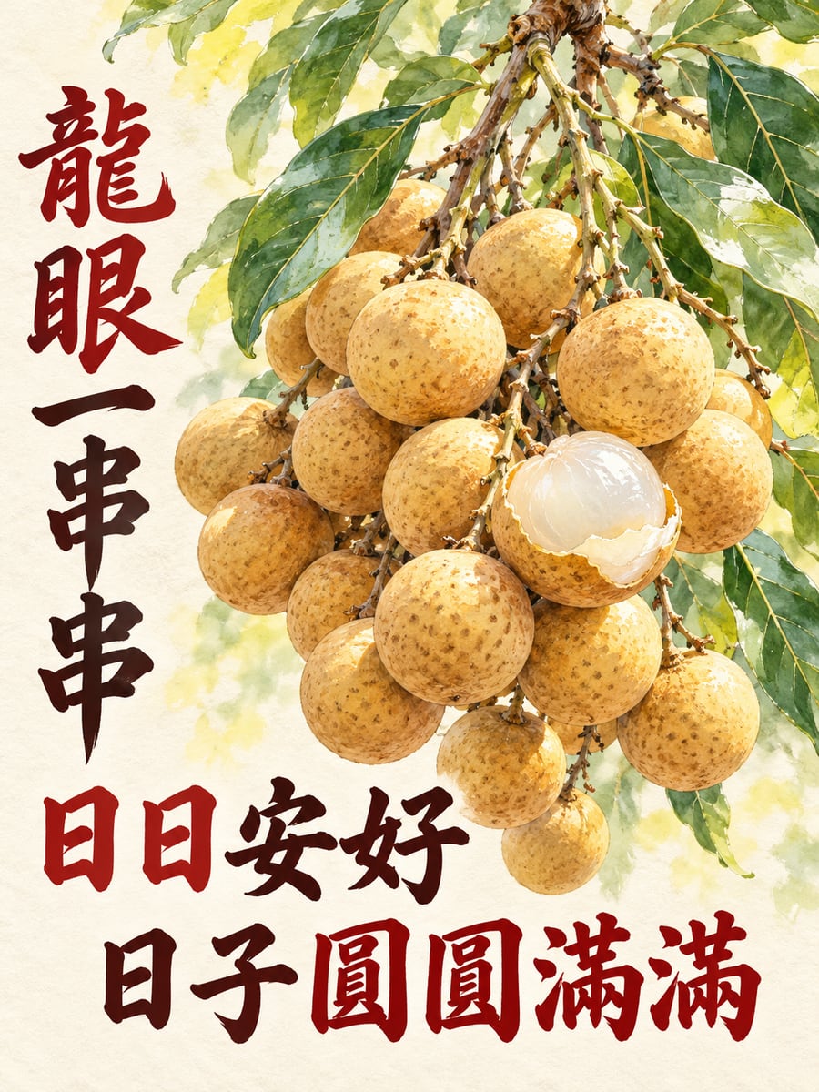 龍眼一串串。圖中文字：日日安好，龍眼一串串，日子圓圓滿滿