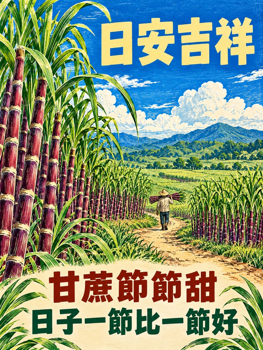 甘蔗節節甜。圖中文字：日安吉祥，甘蔗節節甜，日子一節比一節好