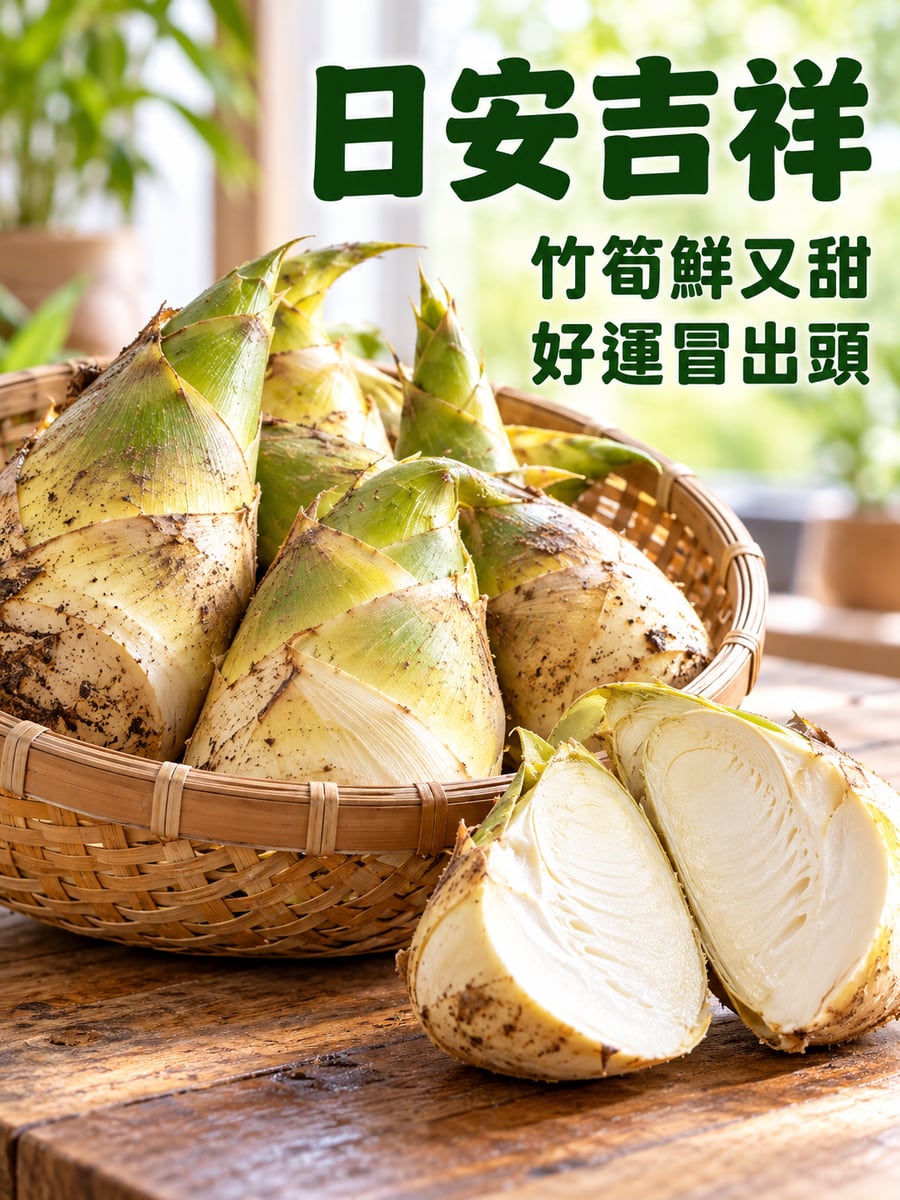 一籃綠竹筍。圖中文字：日安吉祥，竹筍鮮又甜，好運冒出頭