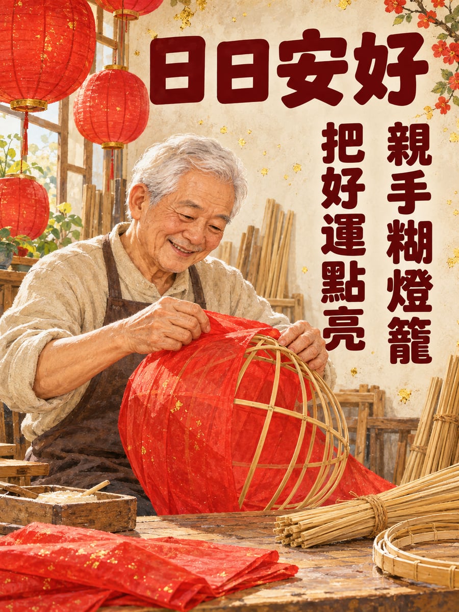 阿公手作紅燈籠。圖中文字：日日安好，親手糊燈籠，把好運點亮
