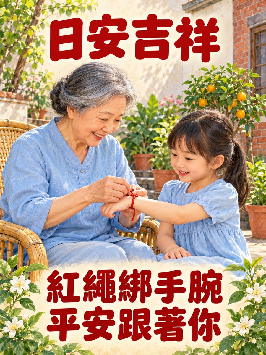 阿嬤綁紅繩。圖中文字：日安吉祥，紅繩綁手腕，平安跟著你