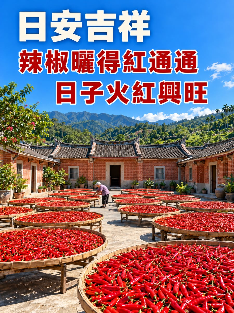 三合院曬辣椒。圖中文字：日安吉祥，辣椒曬得紅通通，日子火紅興旺