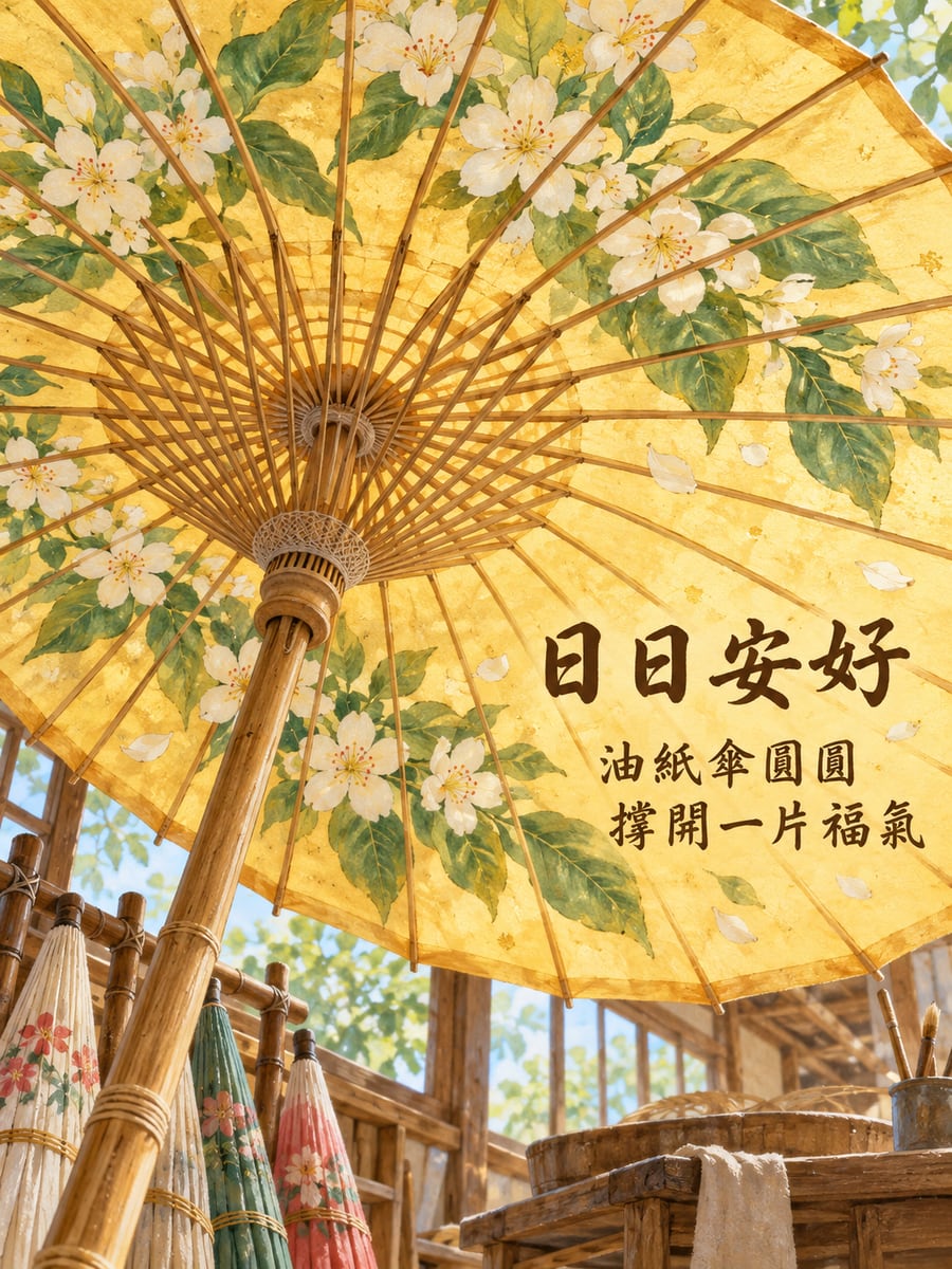 桐花油紙傘。圖中文字：日日安好，油紙傘圓圓，撐開一片福氣