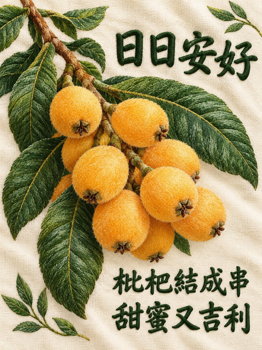 枇杷刺繡。圖中文字：日日安好，枇杷結成串，甜蜜又吉利