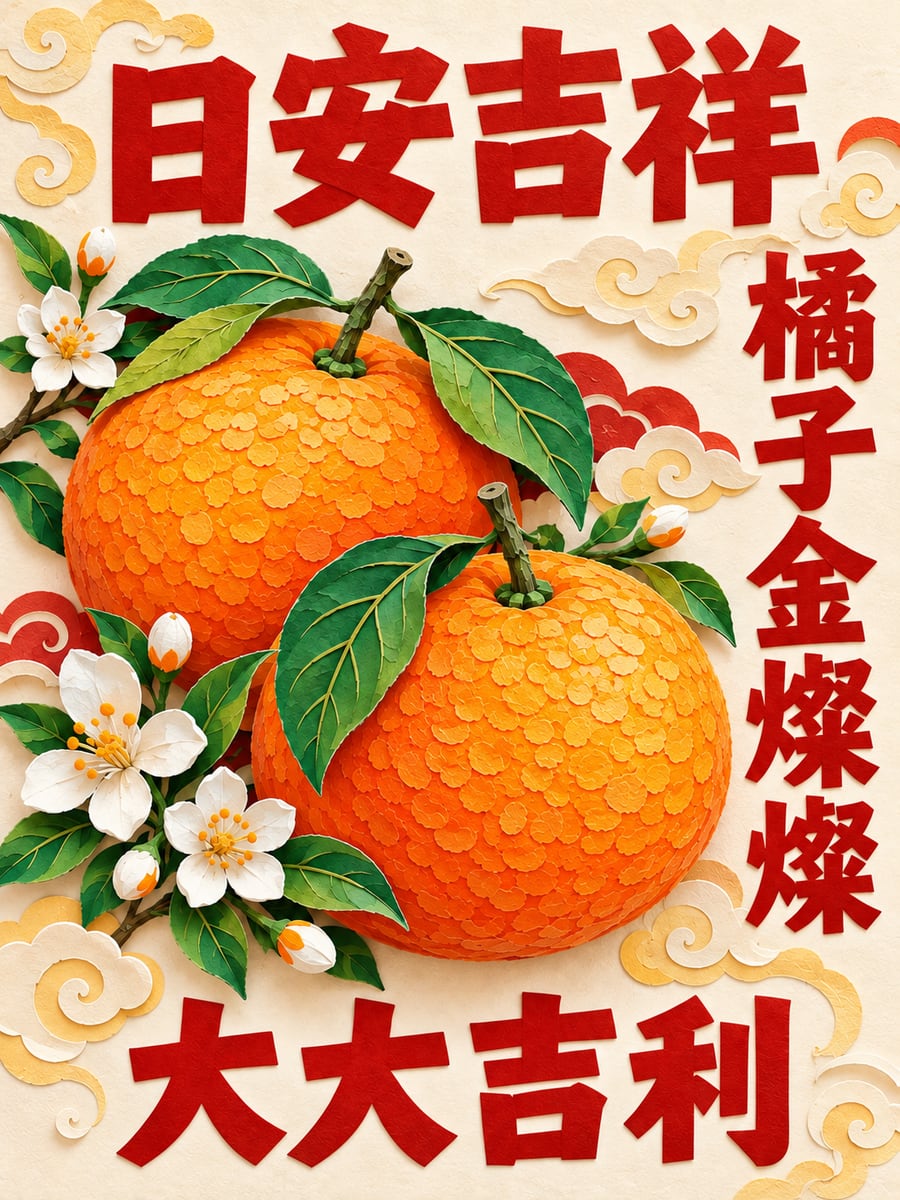 剪紙大橘子。圖中文字：日安吉祥，橘子金燦燦，大大吉利