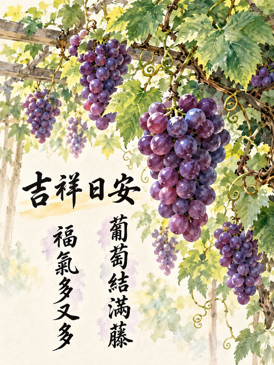 葡萄結滿藤。圖中文字：吉祥日安，葡萄結滿藤，福氣多又多