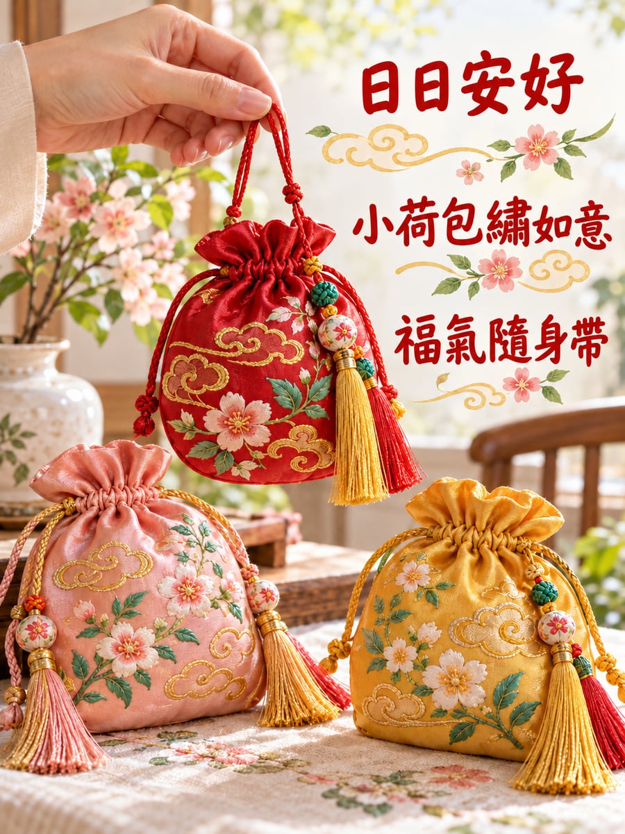 如意小荷包。圖中文字：日日安好，小荷包繡如意，福氣隨身帶