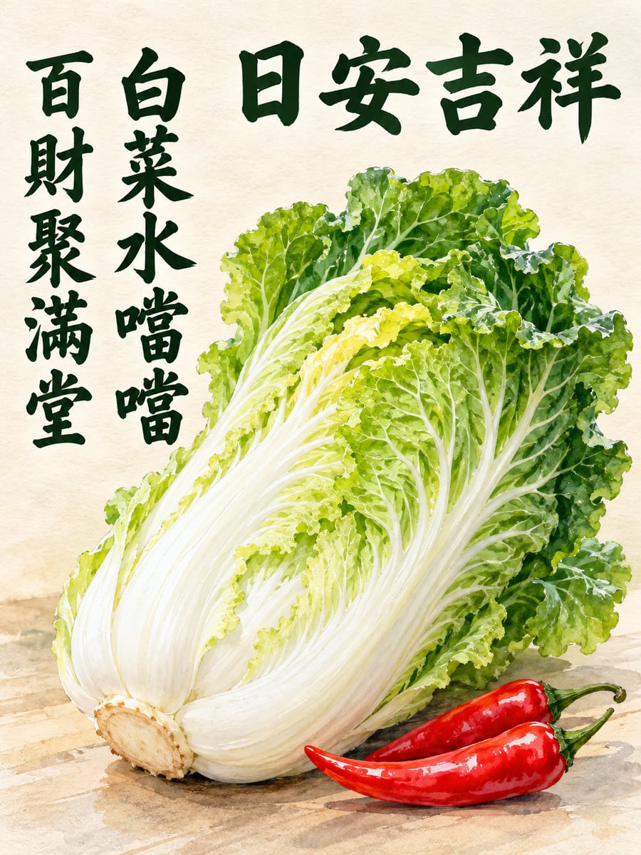 大白菜百財。圖中文字：日安吉祥，白菜水噹噹，百財聚滿堂