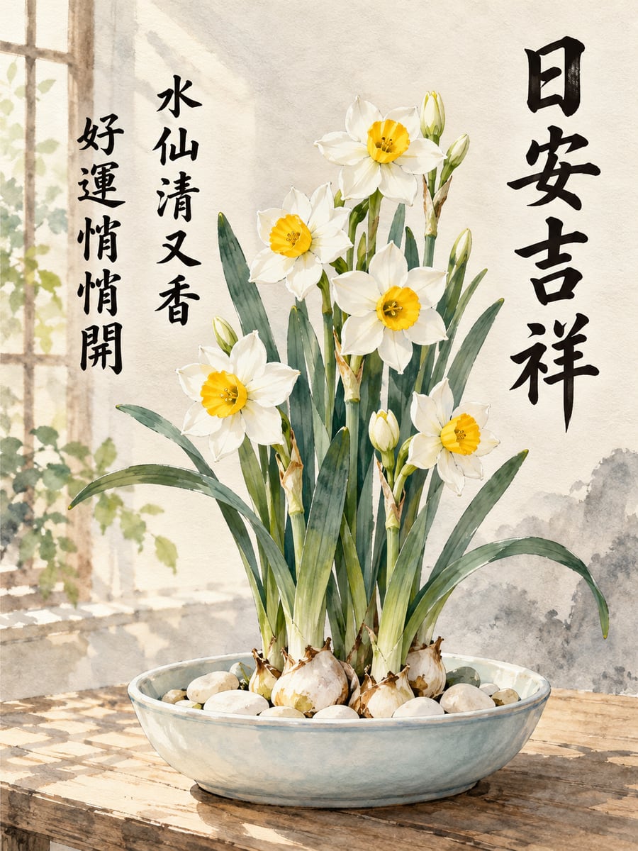 水仙清香。圖中文字：日安吉祥，水仙清又香，好運悄悄開