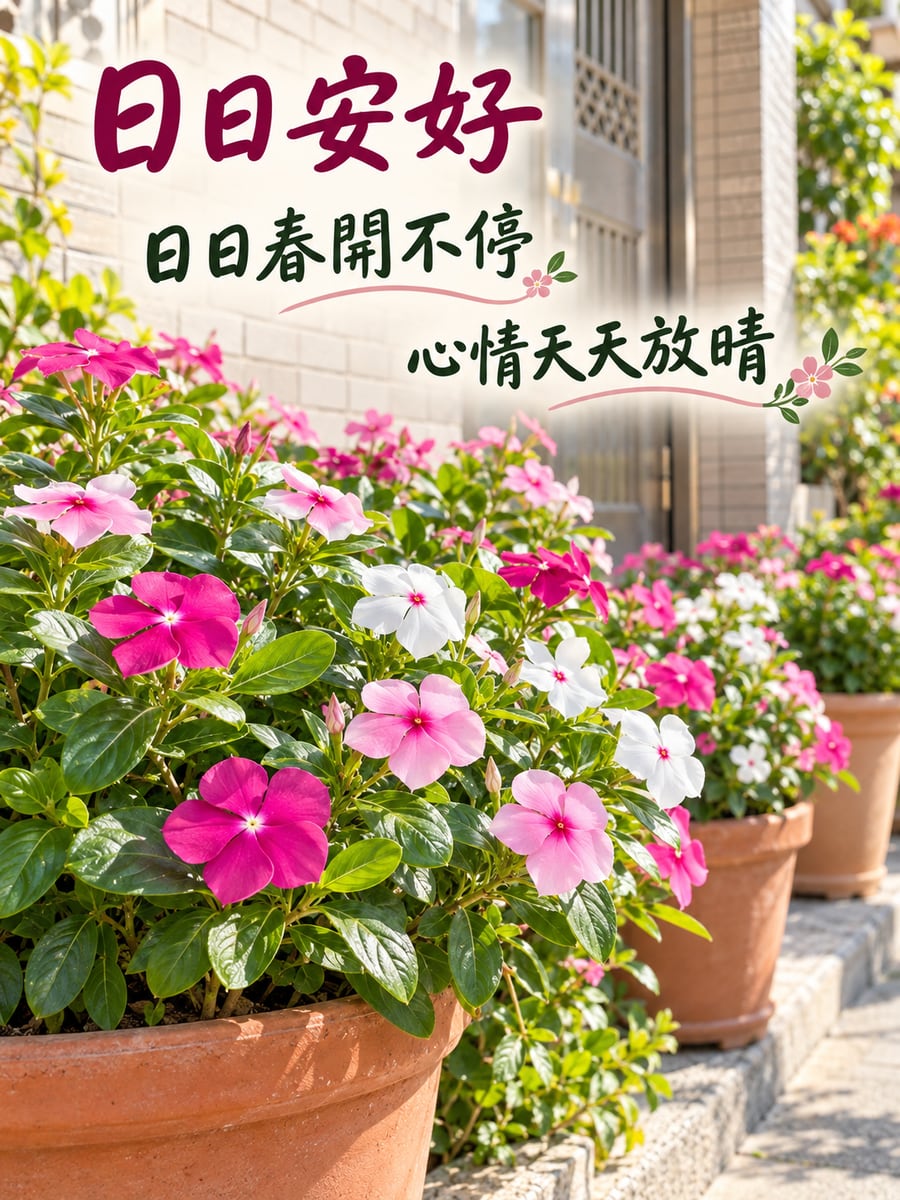 日日春盆栽。圖中文字：日日安好，日日春開不停，心情天天放晴