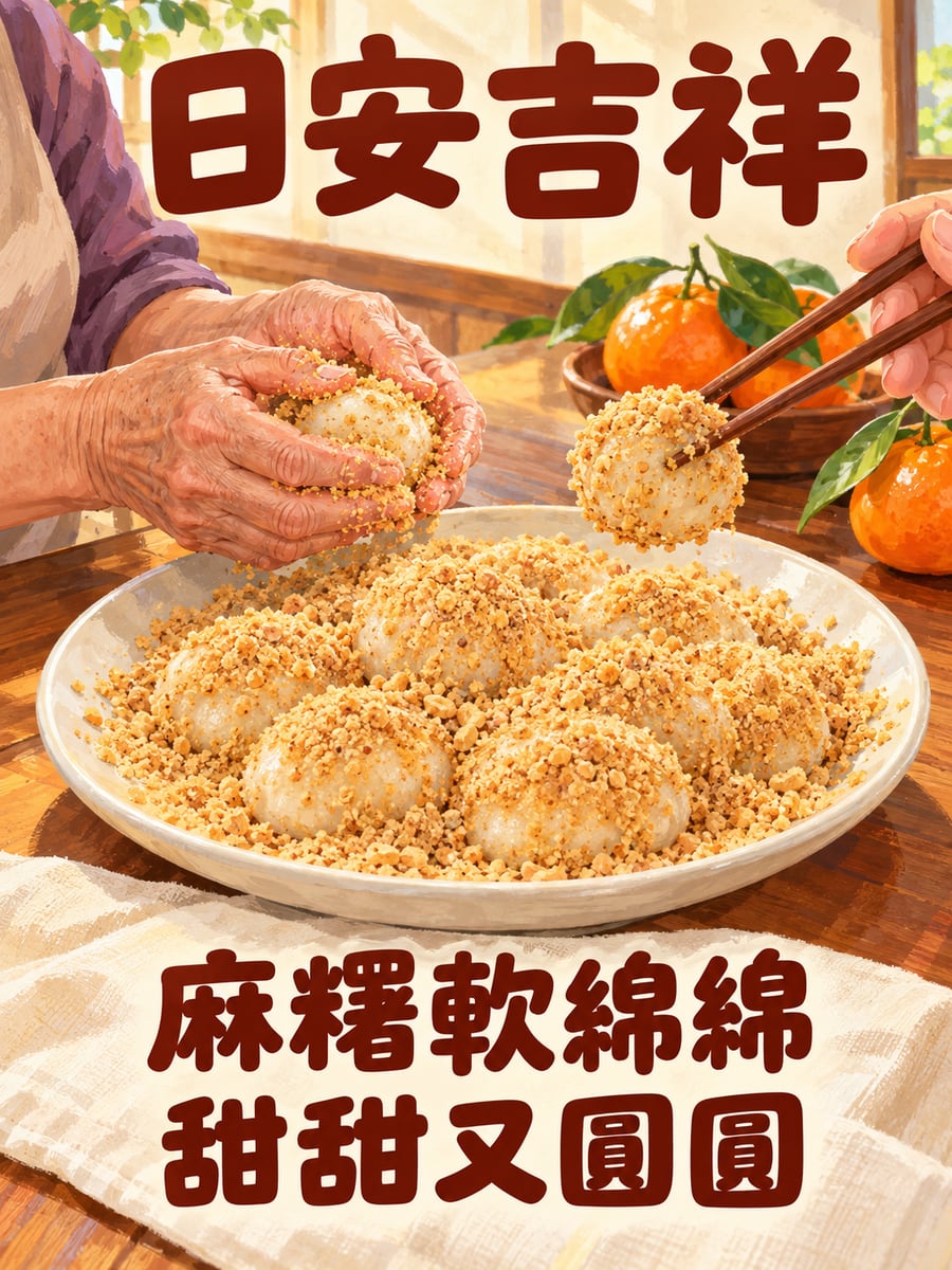 客家麻糬。圖中文字：日安吉祥，麻糬軟綿綿，甜甜又圓圓